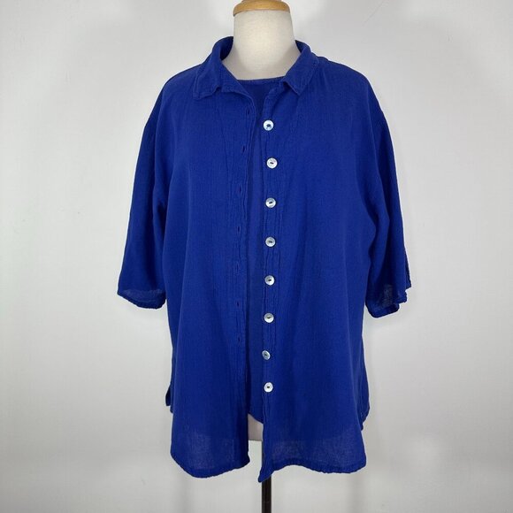 Oh My Gauze Size 2 Blue Cotton 2Pc Short Sleeve Buttons Blouse & Top Lagenlook - Picture 1 of 16